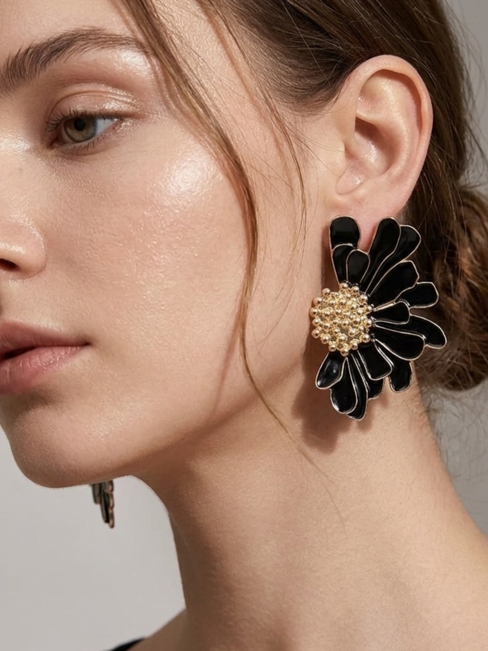 Gold-Center Black Floral Drop Earrings